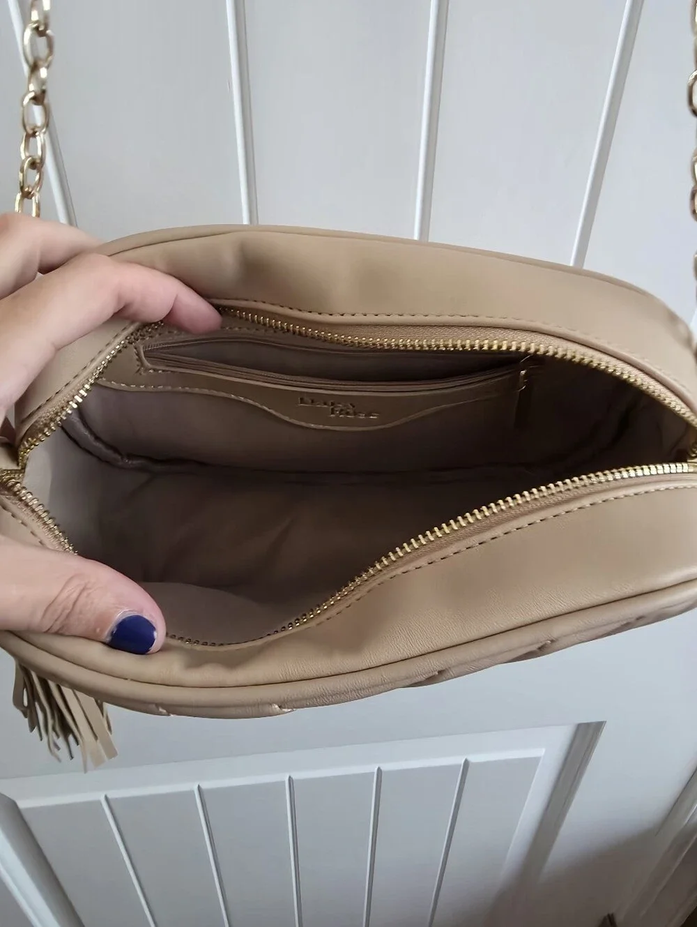 Beige Quilted Crossbody Bag with Gold Chain Strap
